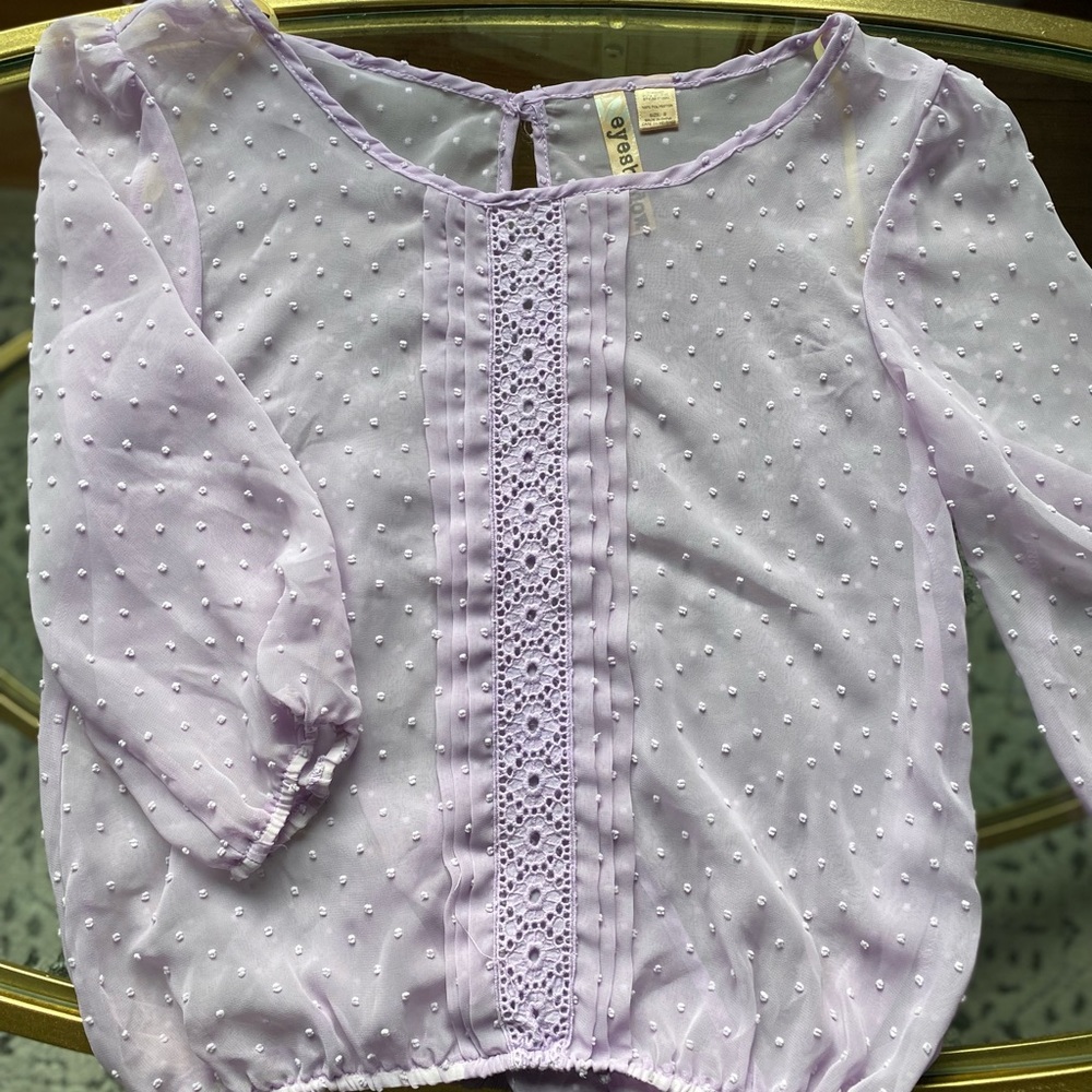 Lilac Sheet Blouse with Puff Dots, lace, puff sleeves and keyhole back opening